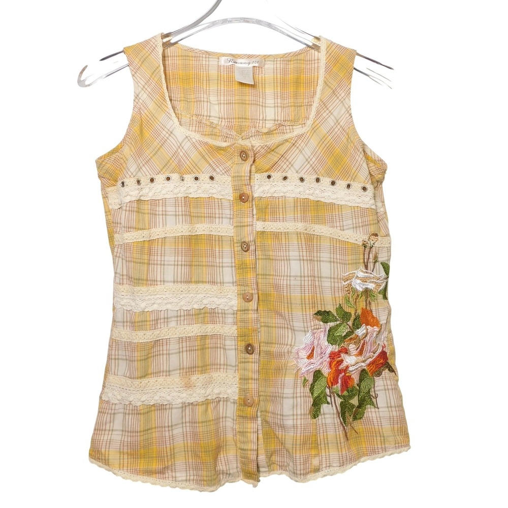 Vintage Runway 101 Yellow Plaid Sleeveless Embroidered Lace Boho Button Top M